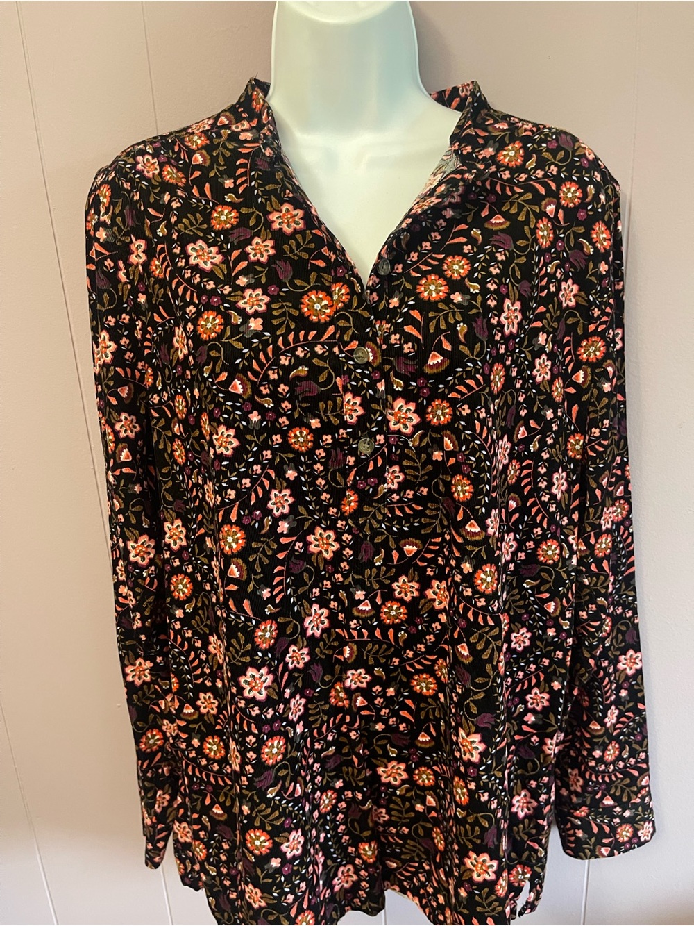 Lands' End Black Button-corduroy long sleeve topwith Pink & Orange Floral